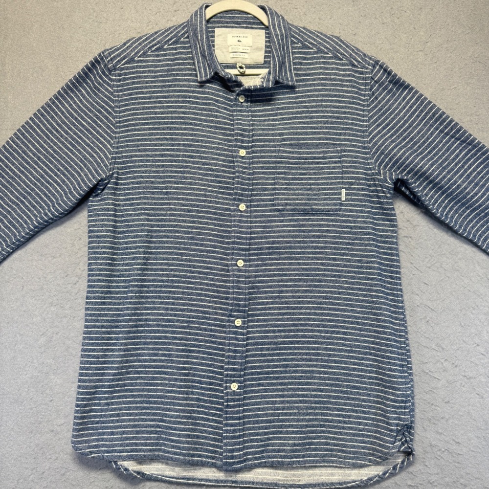 Quiksilver Mens Blue White Stripe Flannel Long Sleeve Button Down‎ Shirt